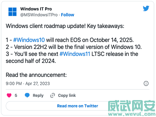 微软宣布：Windows10结束新版本更新 全力打造Windows11操作系统-威武网安